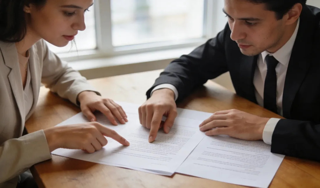 Deux personnes consultent ensemble des documents posés sur une table