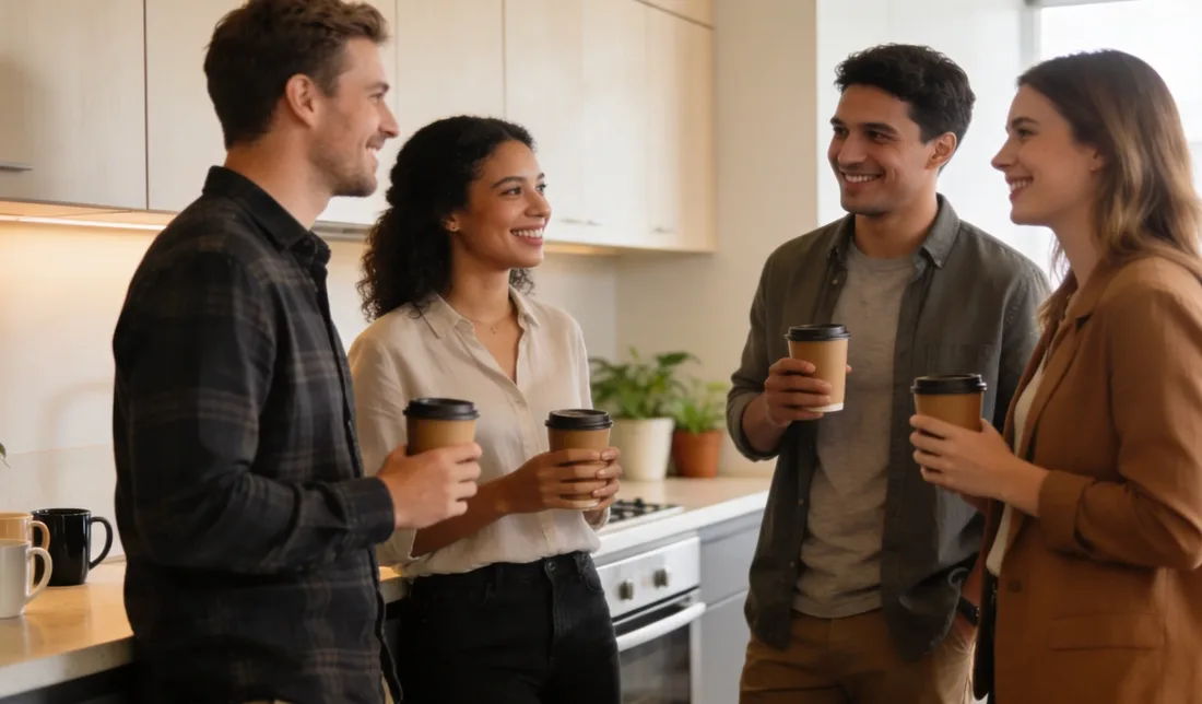 Quatre personnes discutent en souriant, un café à la main, dans une cuisine lumineuse